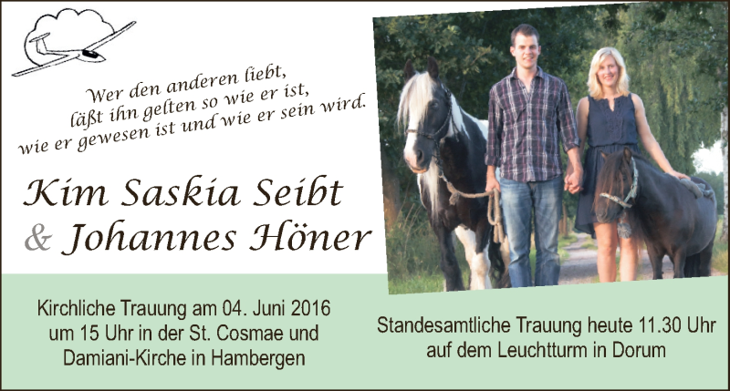 Hochzeitsanzeige von Kim Saskia  Seibt von Osterholzer Kreisblatt