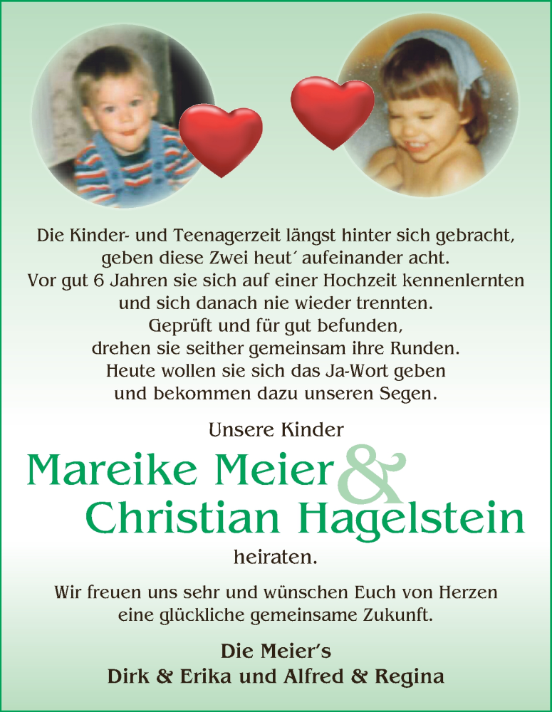 Hochzeitsanzeige von Mareike Meier von Wuemme Zeitung