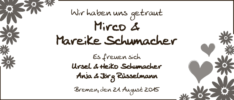 Hochzeitsanzeige von Mirco Schumacher von WESER-KURIER