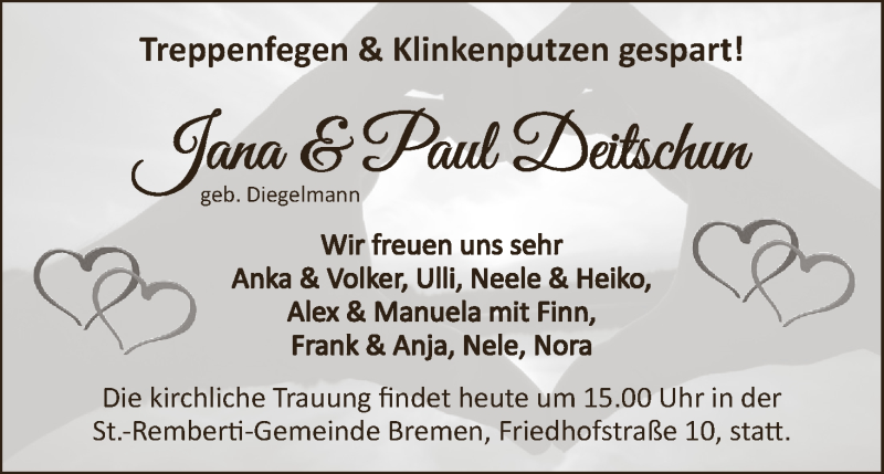 Hochzeitsanzeige von Jana Deitschun von WESER-KURIER