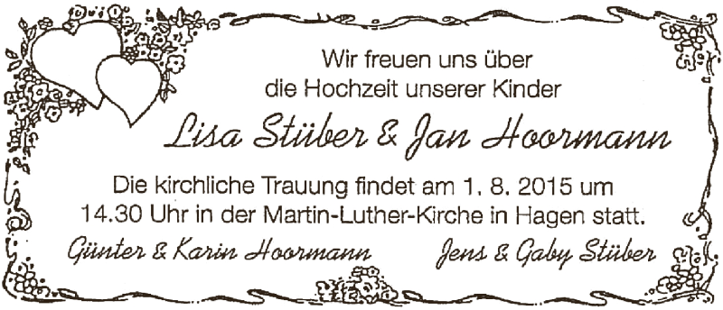 Hochzeitsanzeige von Lisa Stüber von Osterholzer Kreisblatt