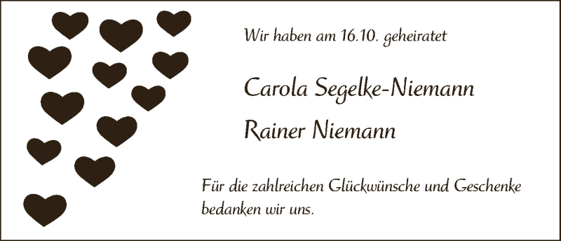 Hochzeitsanzeige von Carola Segelke-Niemann von WESER-KURIER
