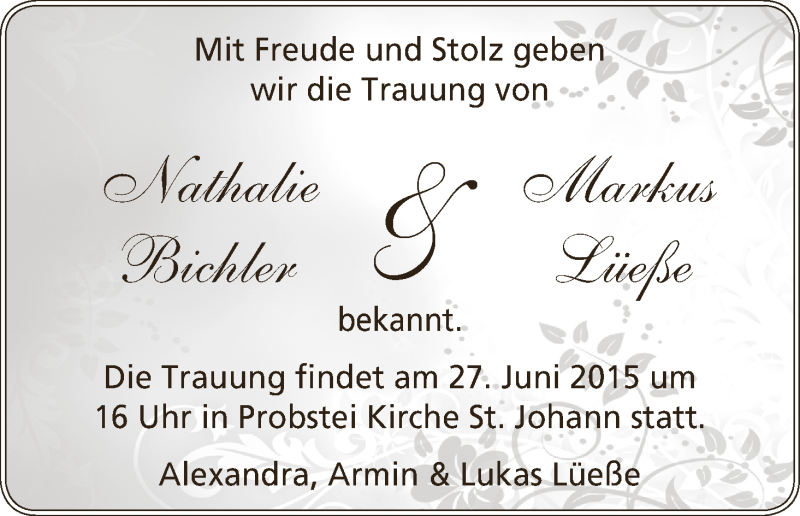 Hochzeitsanzeige von Nathalie Bichler von WESER-KURIER