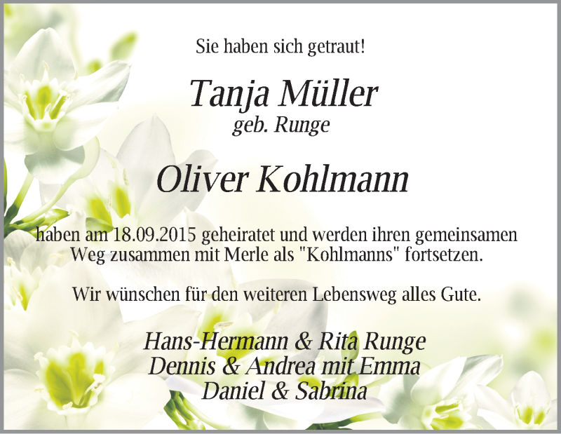Hochzeitsanzeige von Tanja Müller von Wuemme Zeitung