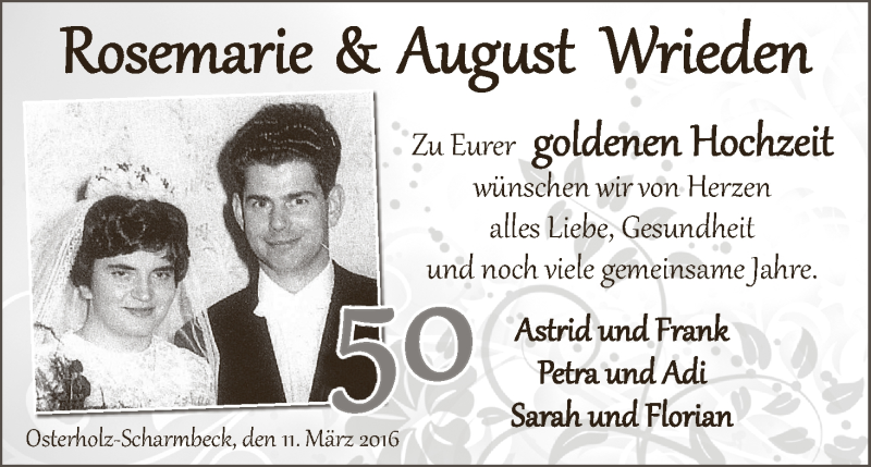 Hochzeitsanzeige von Rosemarie Wrieden von Osterholzer Kreisblatt
