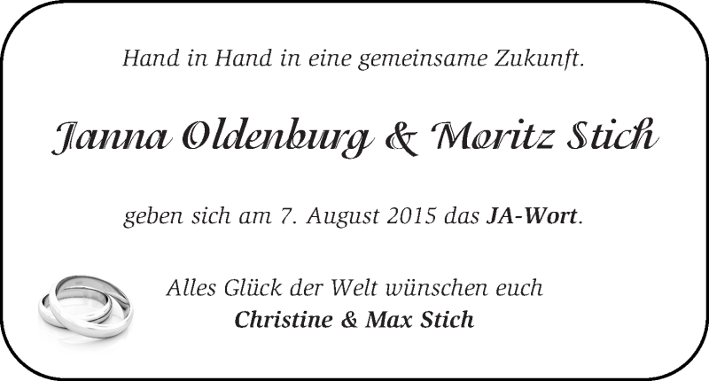 Hochzeitsanzeige von Janna Oldenburg von WESER-KURIER
