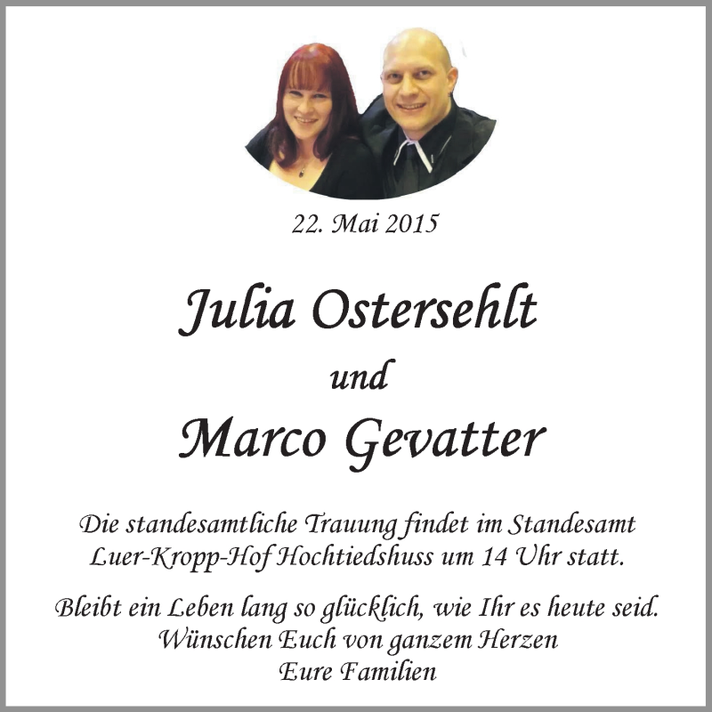 Hochzeitsanzeige von Julia Ostersehlt von WESER-KURIER