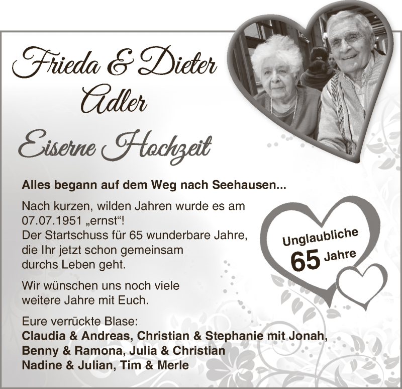 Hochzeitsanzeige von Frieda Adler von WESER-KURIER