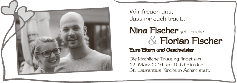 Hochzeitsanzeige von Nina Fischer von Achimer Kurier/Verdener Nachrichten
