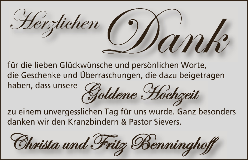 Hochzeitsanzeige von Christa Benninghoff von Wuemme Zeitung