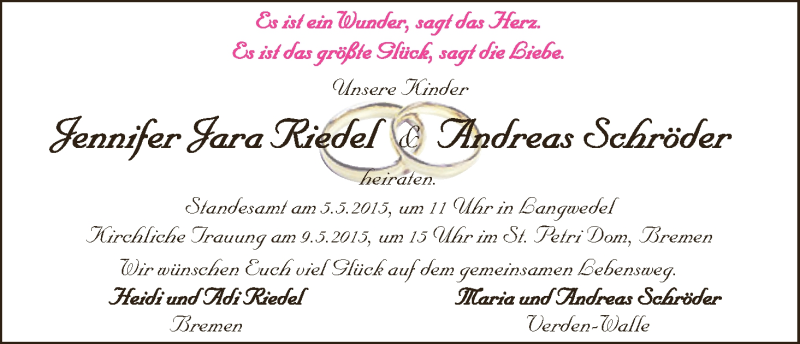 Hochzeitsanzeige von Jennifer Jara Schröder von WESER-KURIER