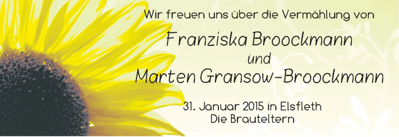 Hochzeitsanzeige von Franziska Broockmann von WESER-KURIER