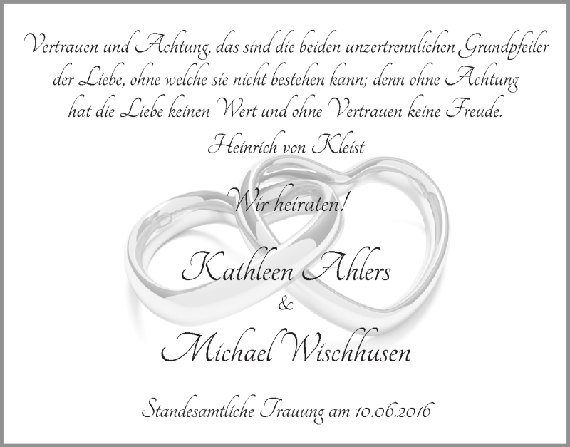 Hochzeitsanzeige von Kathleen Ahlers von Die Norddeutsche
