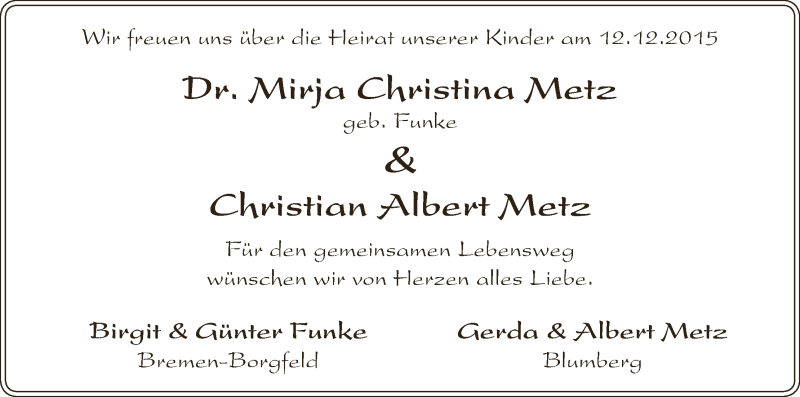 Hochzeitsanzeige von Mirja Christina Metz von WESER-KURIER
