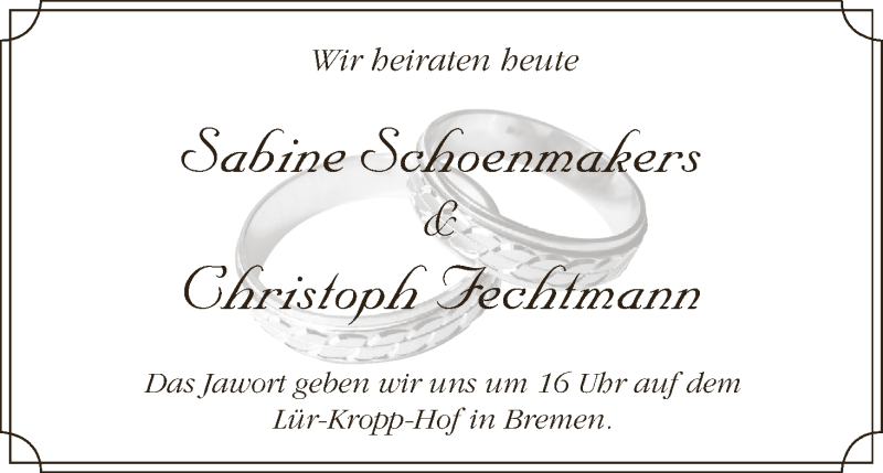 Hochzeitsanzeige von Sabine Schoenmakers von WESER-KURIER