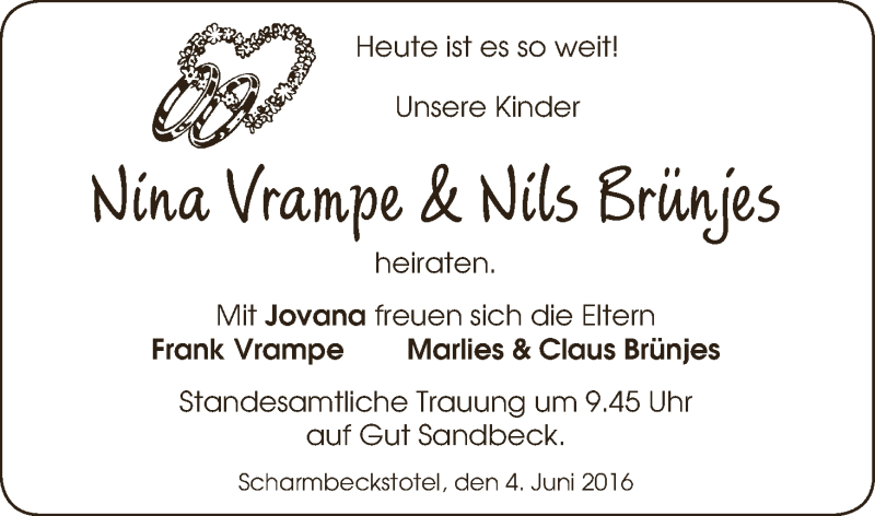 Hochzeitsanzeige von Nina Vrampe von Osterholzer Kreisblatt