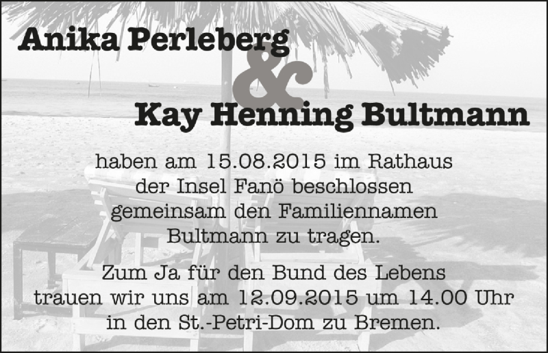Hochzeitsanzeige von Anika  Perleberg von Weser-Kurier