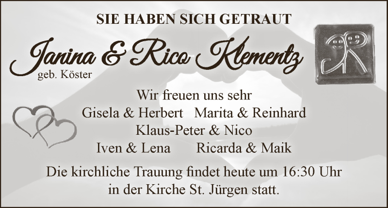 Hochzeitsanzeige von Janina Klementz von Wuemme Zeitung