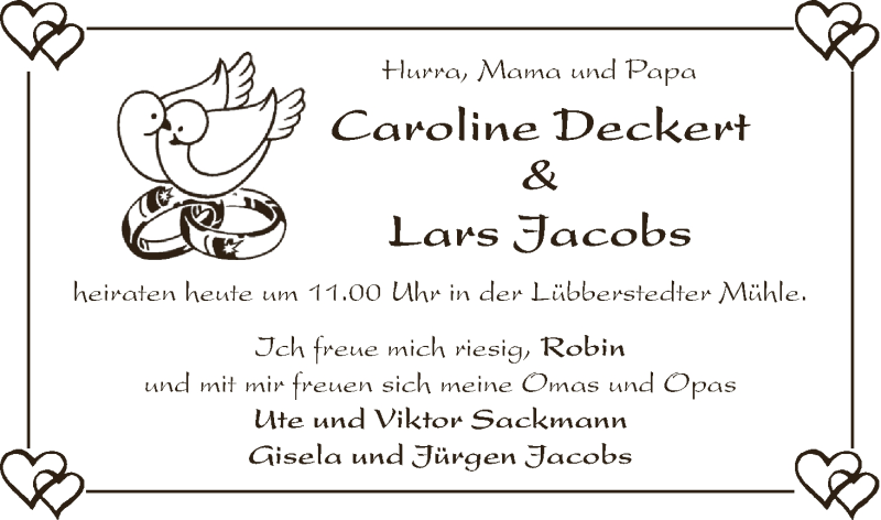 Hochzeitsanzeige von Caroline Deckert von Osterholzer Kreisblatt