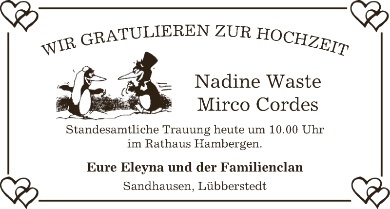 Hochzeitsanzeige von Nadine Waste von WESER-KURIER