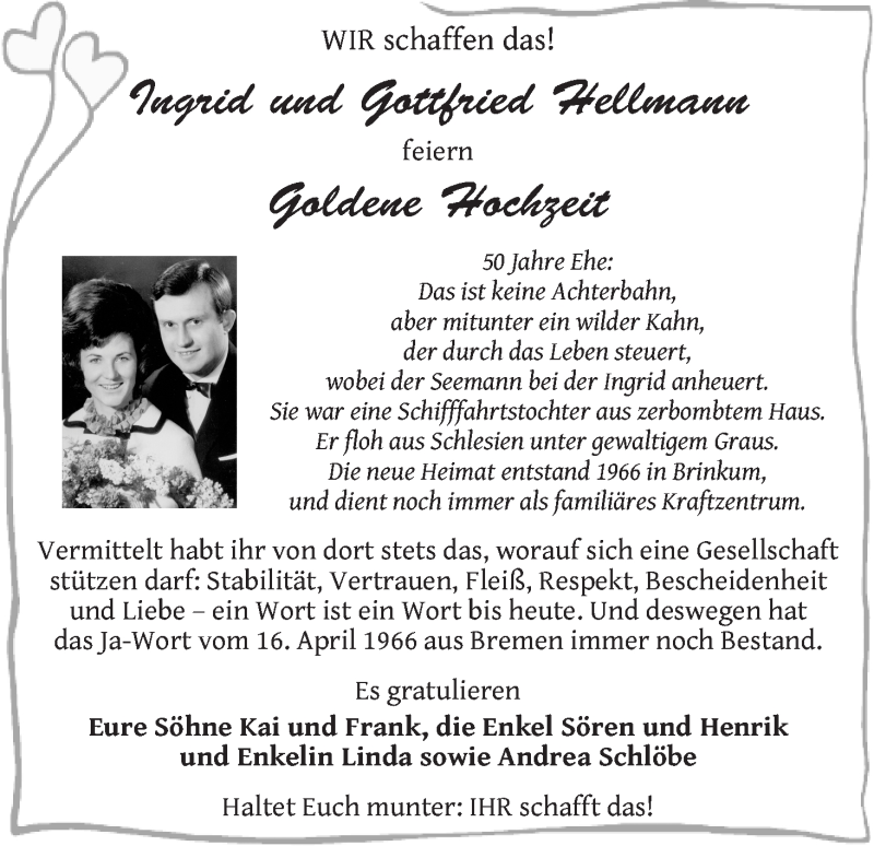 Hochzeitsanzeige von Ingrid Hellmann von WESER-KURIER