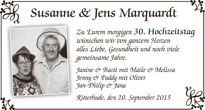 Hochzeitsanzeige von Susanne Marquardt von Osterholzer Kreisblatt