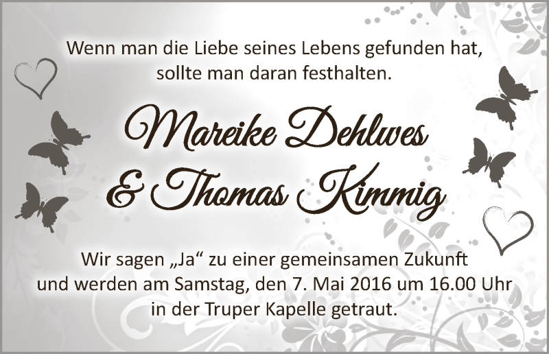 Hochzeitsanzeige von Mareike Dehlwes von Wuemme Zeitung