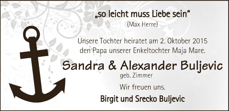Hochzeitsanzeige von Sandra Buljevic von WESER-KURIER