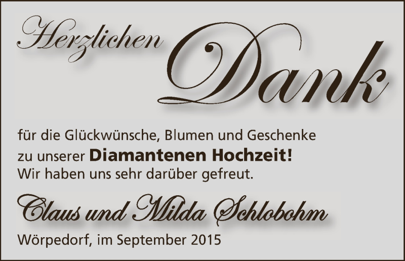 Hochzeitsanzeige von Claus Schlobohm von Wuemme Zeitung