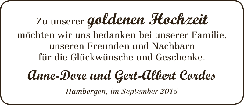 Hochzeitsanzeige von Anne-Dore Cordes von Osterholzer Kreisblatt