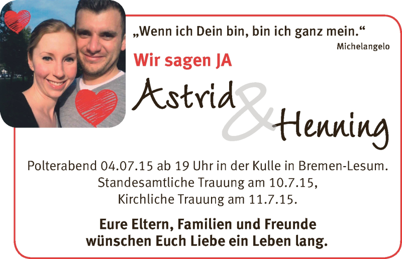 Hochzeitsanzeige von Astrid  von WESER-KURIER