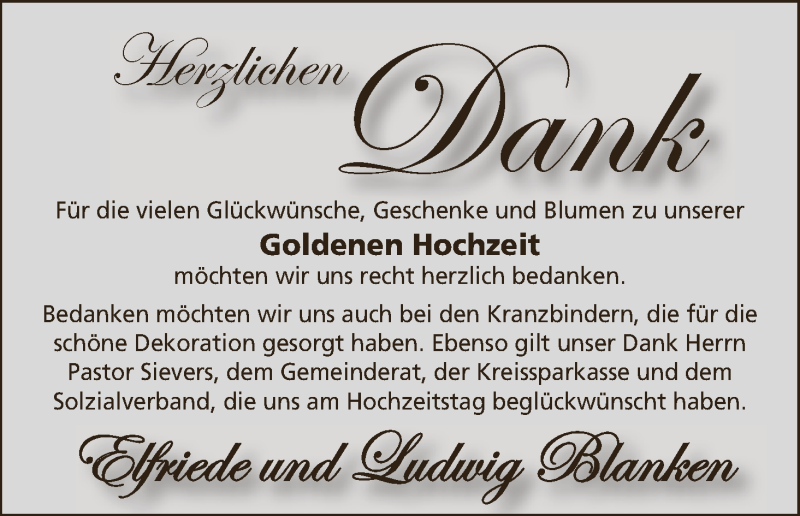 Hochzeitsanzeige von Elfriede Blanken von Wuemme Zeitung