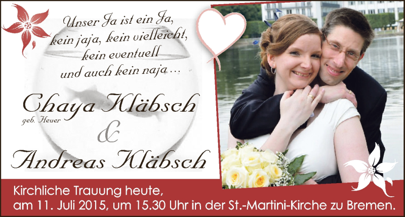 Hochzeitsanzeige von Chaya Kläbsch von WESER-KURIER