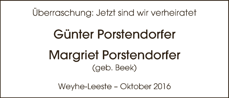 Hochzeitsanzeige von Günter Porstendorfer von WESER-KURIER