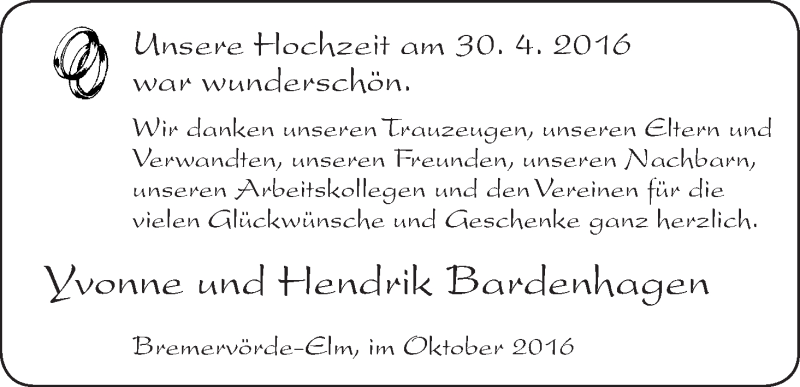 Hochzeitsanzeige von Yvonne Bardenhagen von Osterholzer Kreisblatt