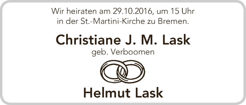 Hochzeitsanzeige von Christiane J. M. Lask von WESER-KURIER