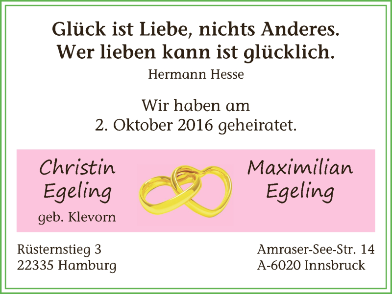 Hochzeitsanzeige von Christin Egeling von WESER-KURIER