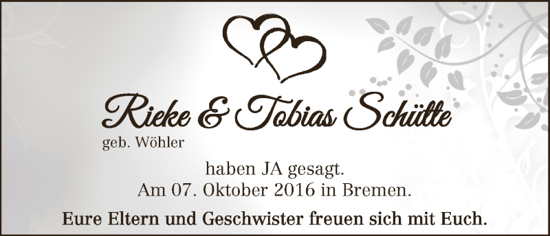 Hochzeitsanzeige von Rike Schütte von WESER-KURIER