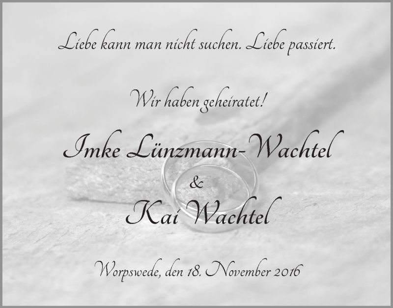 Hochzeitsanzeige von Imke Lünzmann-Wachtel von Wuemme Zeitung