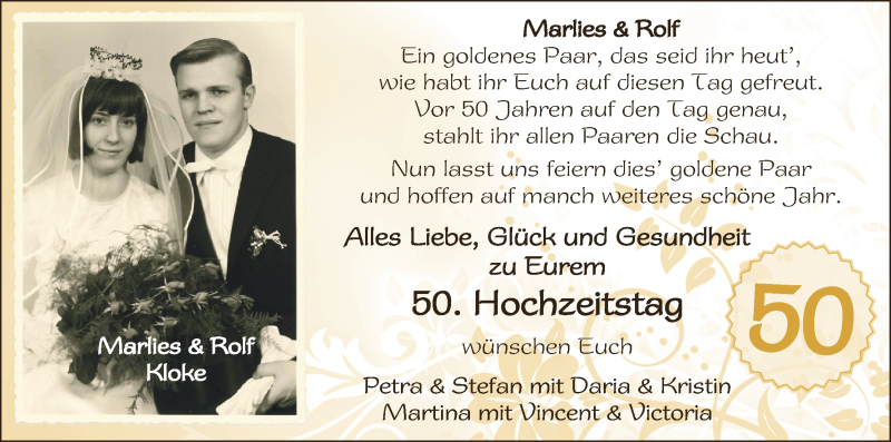 Hochzeitsanzeige von Marlies Kloke von Regionale Rundschau/Syker Kurier