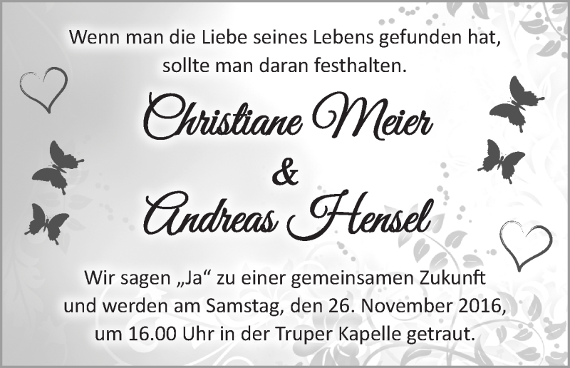 Hochzeitsanzeige von Christiane Meier von Wuemme Zeitung