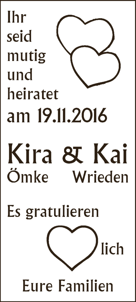 Hochzeitsanzeige von Kira Ömke von Osterholzer Kreisblatt