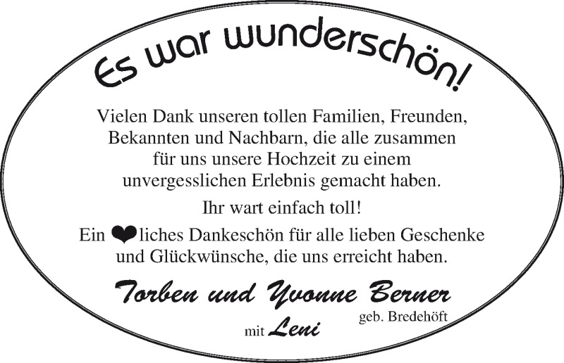 Hochzeitsanzeige von Torben Berner von Osterholzer Kreisblatt