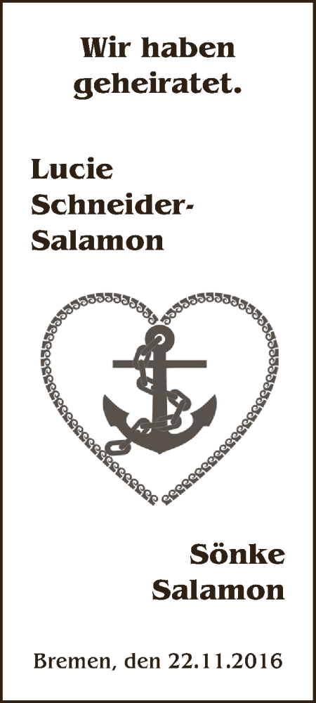 Hochzeitsanzeige von Lucie Schneider-Salamon von WESER-KURIER