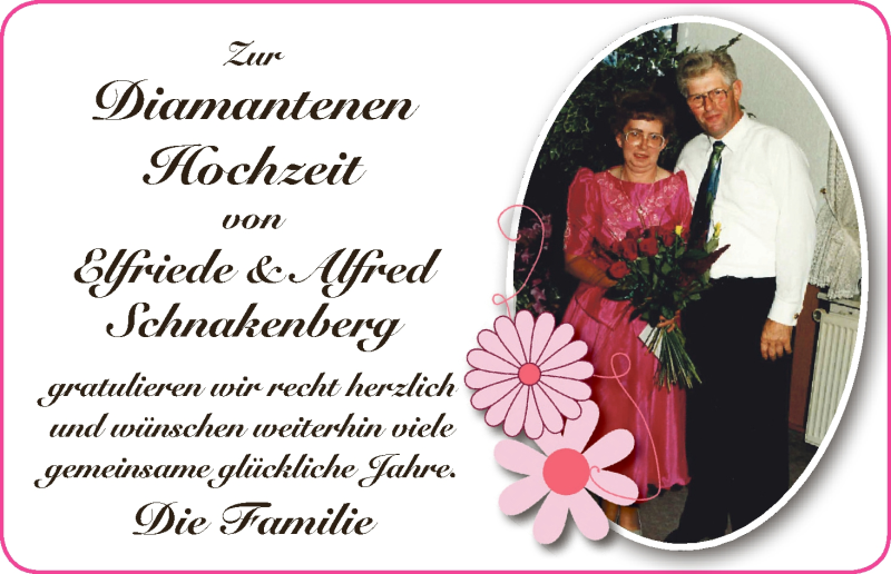 Hochzeitsanzeige von Elfriede Schnakenberg von Wuemme Zeitung