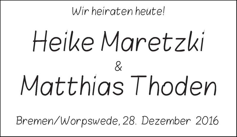 Hochzeitsanzeige von Heike Maretzki von Wuemme Zeitung