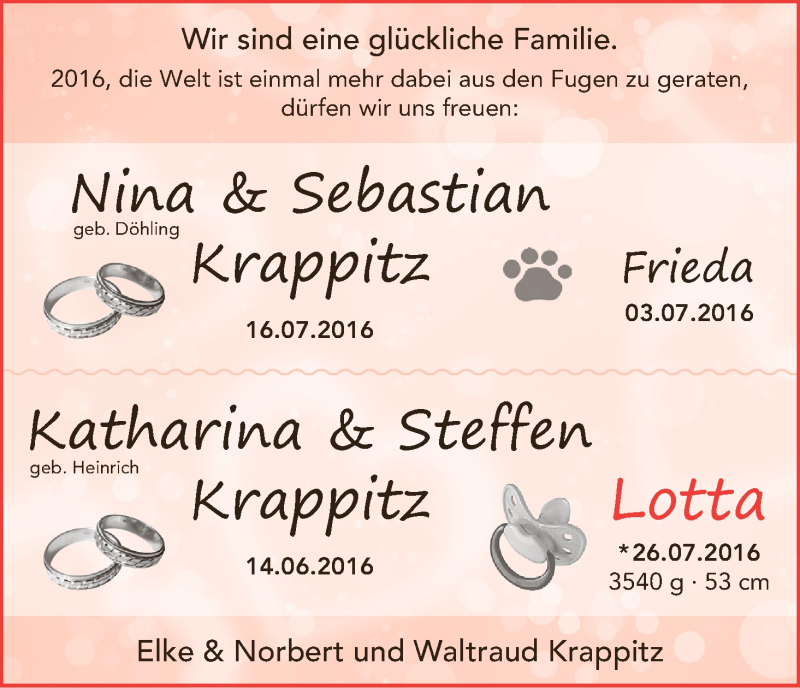 Hochzeitsanzeige von Nina und Sebastian Krappitz von Achimer Kurier/Verdener Nachrichten