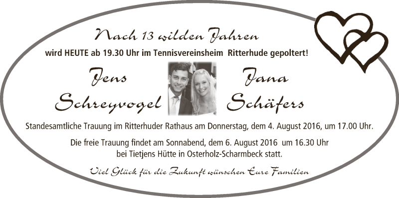 Hochzeitsanzeige von Jana Schäfers von Osterholzer Kreisblatt