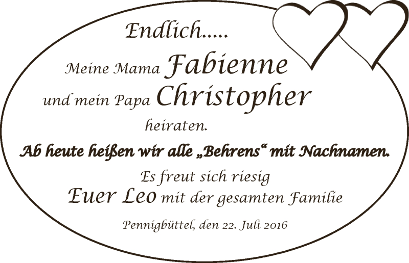 Hochzeitsanzeige von Fabienne Berhens von Osterholzer Kreisblatt