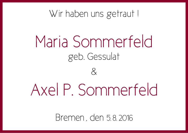 Hochzeitsanzeige von Maria Sommerfeld von WESER-KURIER